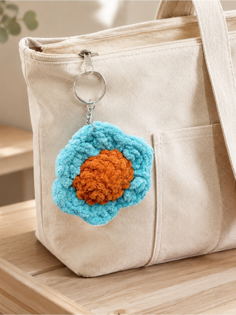 Handmade Crochet Flower Keychain – Chenille Yarn Bag Charm